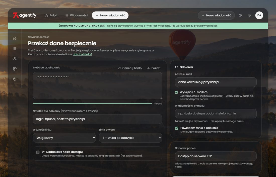 Wypełniony formularz nowej wiadomości