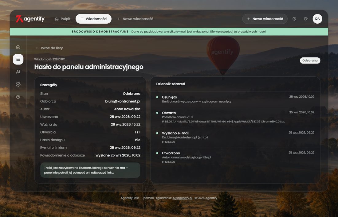 Szczegóły wiadomości z dziennikiem zdarzeń